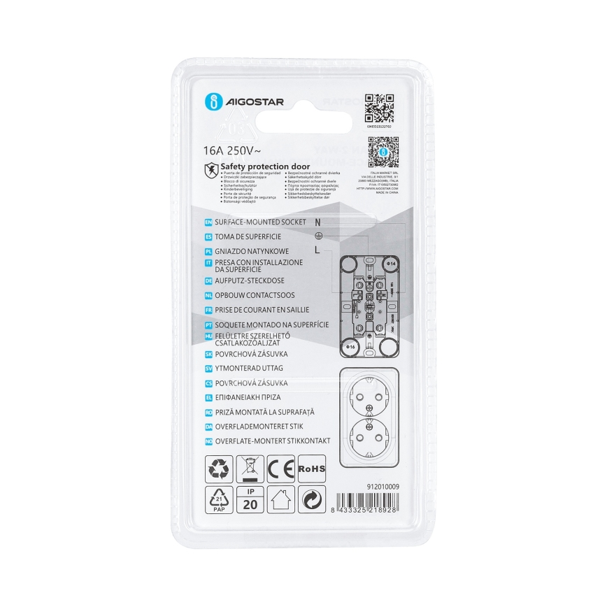 Aigostar - Doppelte Wandsteckdose SCHUKO 250V weiß