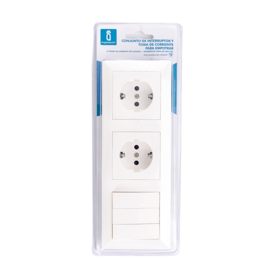 Aigostar - Dreifachschalter Nr. 3 und 2× SCHUKO-Steckdosen 230 V mit Rahmen, weiß