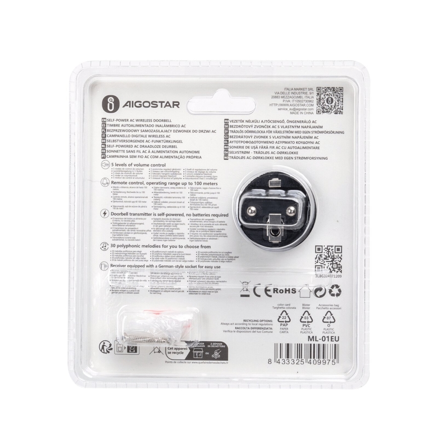 Aigostar - Kabellose Steckdosen-Türklingel 1Z 230V IPX4 schwarz