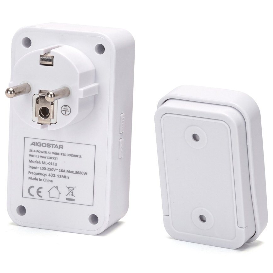Aigostar - Kabellose Steckdosen-Türklingel 1Z 230V IPX4 weiß