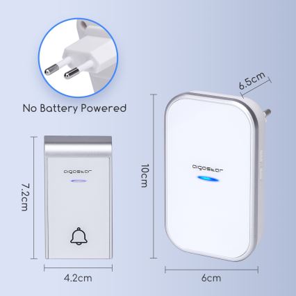 Aigostar – Kabellose Türklingel für Steckdosen 230 V/12 V, IP44, Weiß