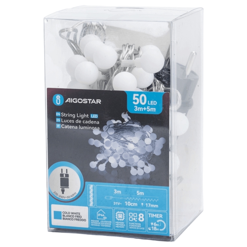Aigostar - LED-Außen-Dekorations-Lichterkette, 50 LEDs / 8 Funktionen, 5 m, IP44, kaltweiß