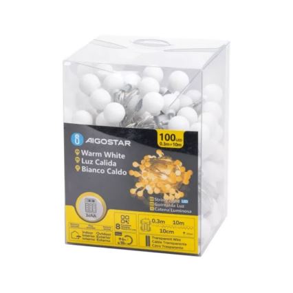 Aigostar - LED-Außen-Lichterkette 100xLED/3xAA/8 Funktionen 10,3 m IP44 warmweiß