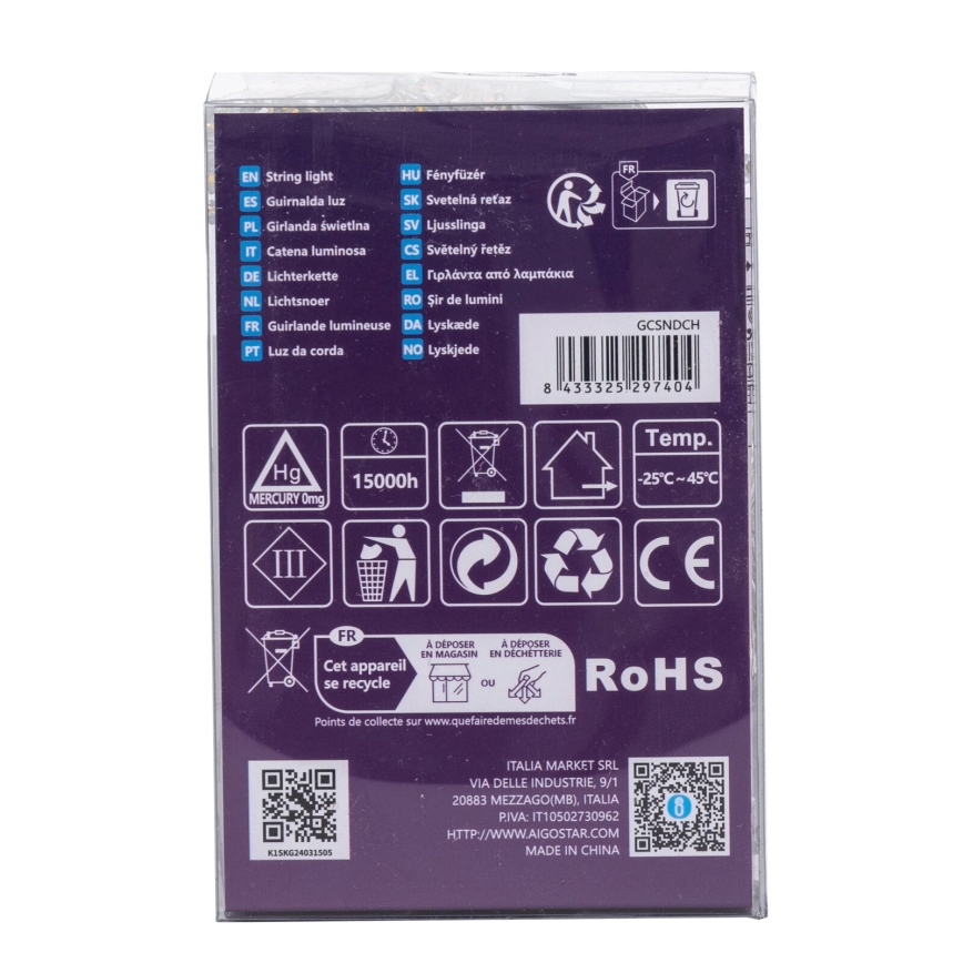 Aigostar - LED-Außen-Lichterkette, 100 LEDs, 8 Funktionen, 3xAA, 10,3 m, IP44, warmweiß