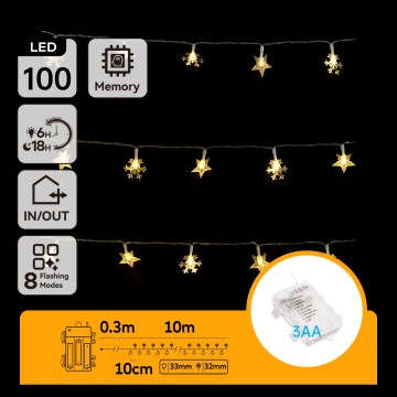 Aigostar - LED Außen-Lichterkette 100xLED/8 Funktionen 3xAA 10m IP44 warmweiß Sterne