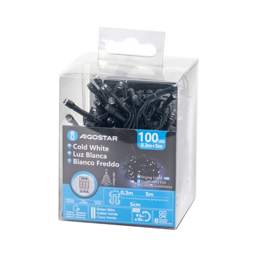 Aigostar - LED Außen Weihnachtslichterkette 100xLED/8 Funktionen 3xAA 5,3 m IP44 kaltweiß