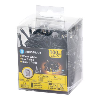 Aigostar - LED-Außen-Lichterkette 100xLED/8 Funktionen 3xAA 5,3 m IP44 warmweiß