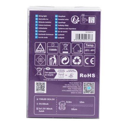 Aigostar - LED Außen-Weihnachtslichterkette 150xLED/8 Funktionen 3xAA 15,3m IP44 mehrfarbig