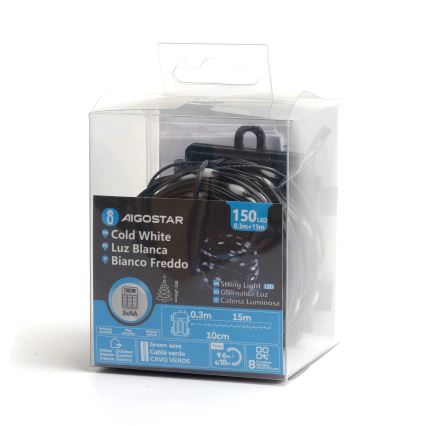 Aigostar - LED Außen-Weihnachtslichterkette 150xLED/8 Funktionen/3xAA 15,3m IP44 kaltweiß