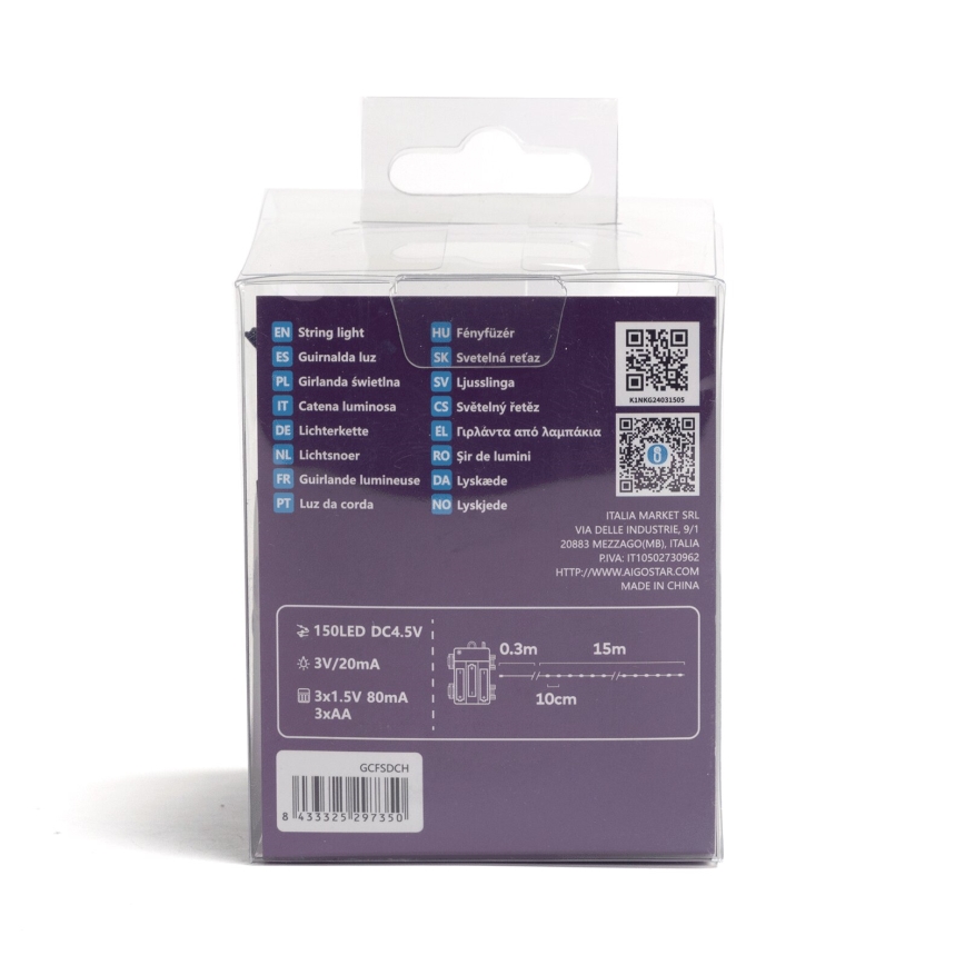 Aigostar - LED Außen-Weihnachtslichterkette 150xLED/8 Funktionen/3xAA 15,3m IP44 kaltweiß