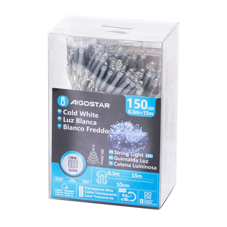 Aigostar - LED-Außen-Lichterkette 150xLED/8 Funktionen 15,3m IP44 kaltweiß