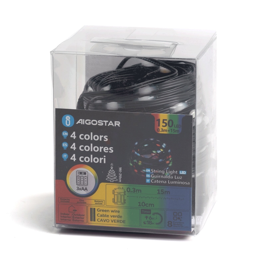 Aigostar - LED Außen-Lichterkette 150xLED/8 Funktionen 3xAA 15,3m IP44 mehrfarbig