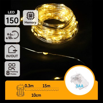 Aigostar -LED Außen-Lichterkette 150xLED/8 Funktionen 3xAA 15,3m IP44 Warmweiß
