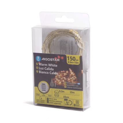 Aigostar -LED Außen-Lichterkette 150xLED/8 Funktionen 3xAA 15,3m IP44 Warmweiß