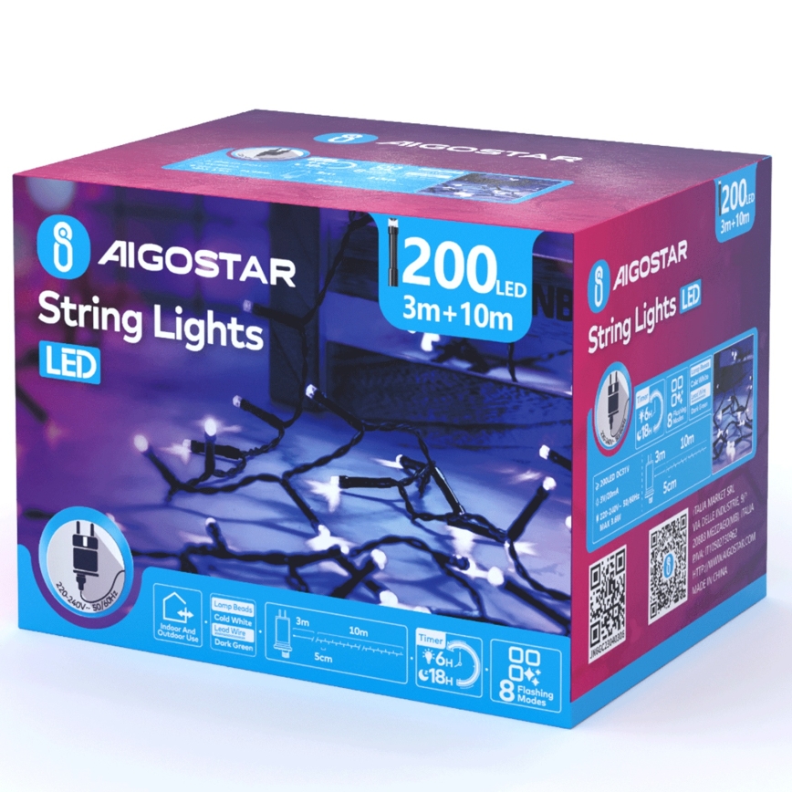Aigostar - LED Außen-Weihnachtslichterkette 200xLED/8 Funktionen 13m IP44 kaltweiß