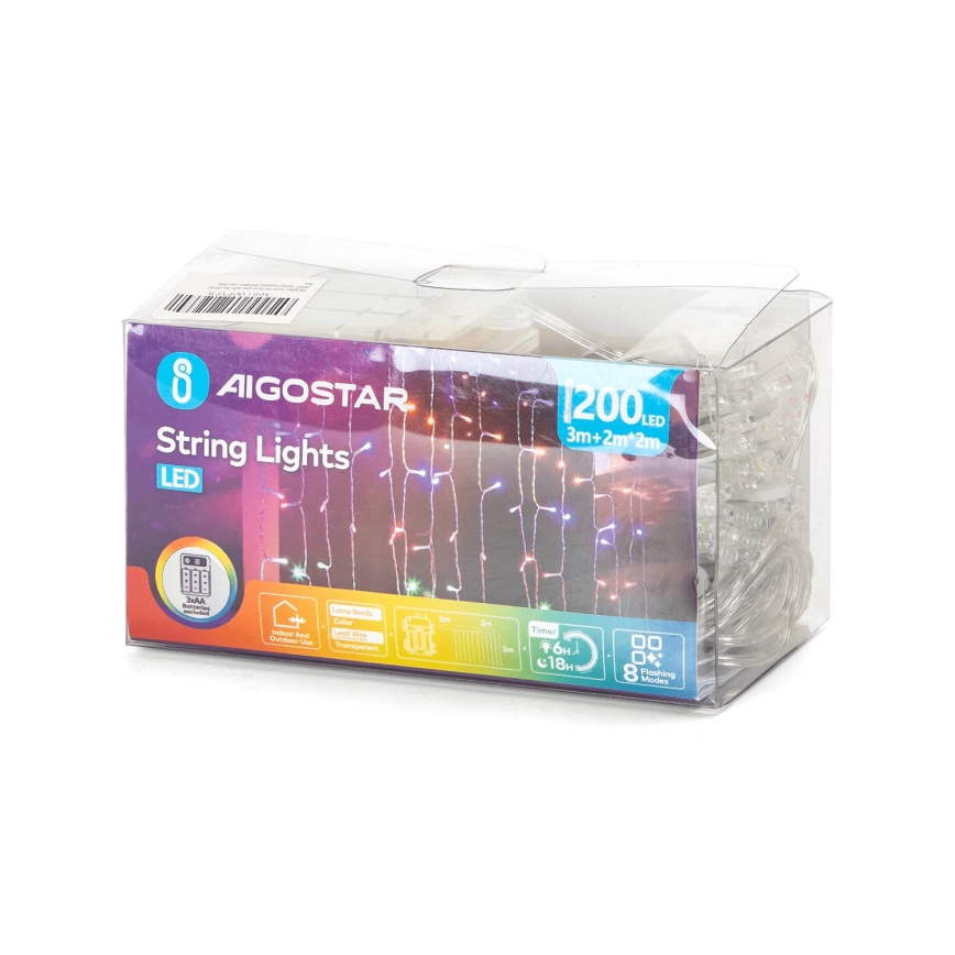 Aigostar - LED Außen-Weihnachtslichterkette 200xLED/8 Funktionen 3xAA 5x2m IP44 mehrfarbig