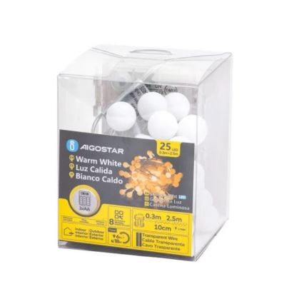 Aigostar-LED Außen-Lichterkette 25xLED/3xAA/8 Funktionen 2,8 m IP44 warmweiß