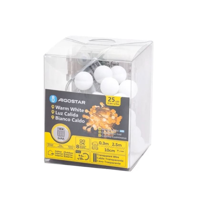 Aigostar-LED Außen-Lichterkette 25xLED/3xAA/8 Funktionen 2,8 m IP44 warmweiß