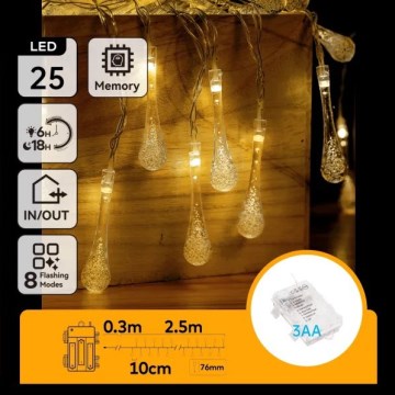 Aigostar - LED Außen-Lichterkette 25xLED/8 Funktionen 3xAA 2,5 m IP44 warmweiß Tropfen