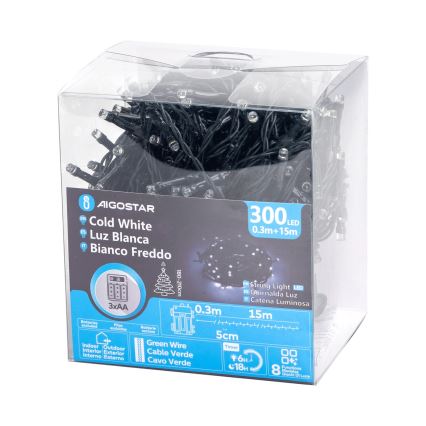 Aigostar - LED Außen-Weihnachtslichterkette 300xLED/8 Funktionen 15,3m IP44 kaltweiß