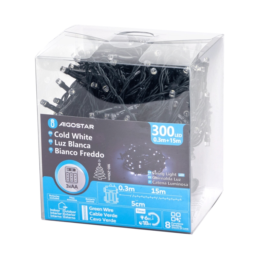 Aigostar - LED Außen-Weihnachtslichterkette 300xLED/8 Funktionen 15,3m IP44 kaltweiß