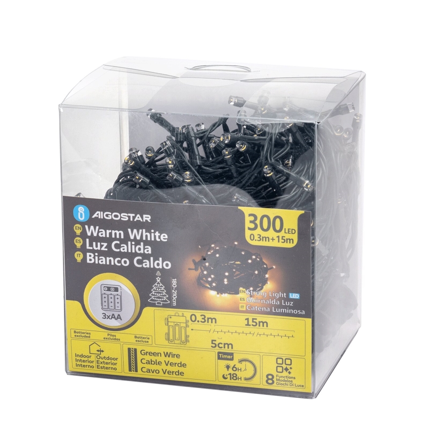 Aigostar-LED Außen-Weihnachtslichterkette 300xLED/8 Funktionen 3xAA 15,3m IP44 warmweiß