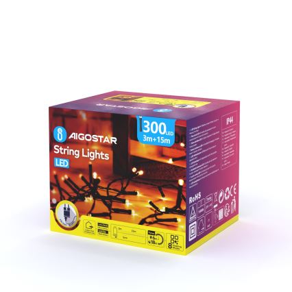 Aigostar - LED Außen-Weihnachtslichterkette 300xLED/8 Funktionen 18m IP44 warmweiß