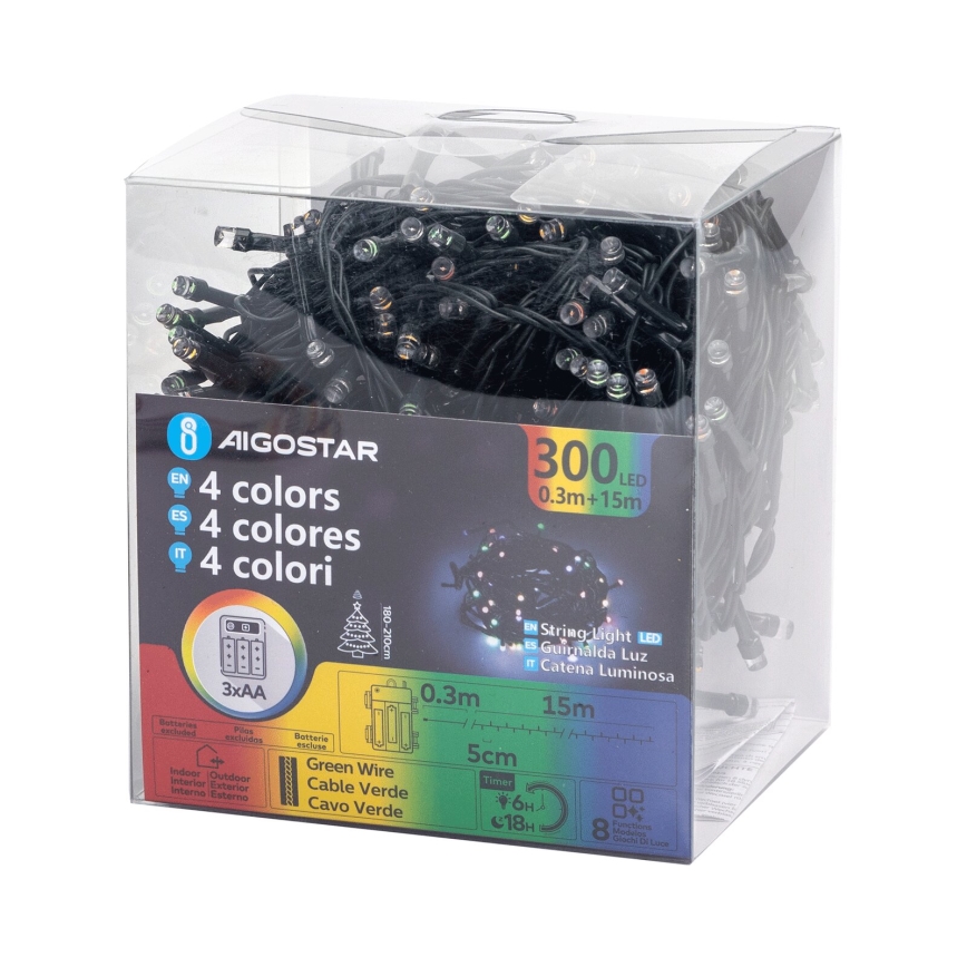 Aigostar -LED Außen  Lichterkette 300xLED/8 Funktionen 3xAA 15,3m IP44 mehrfarbig