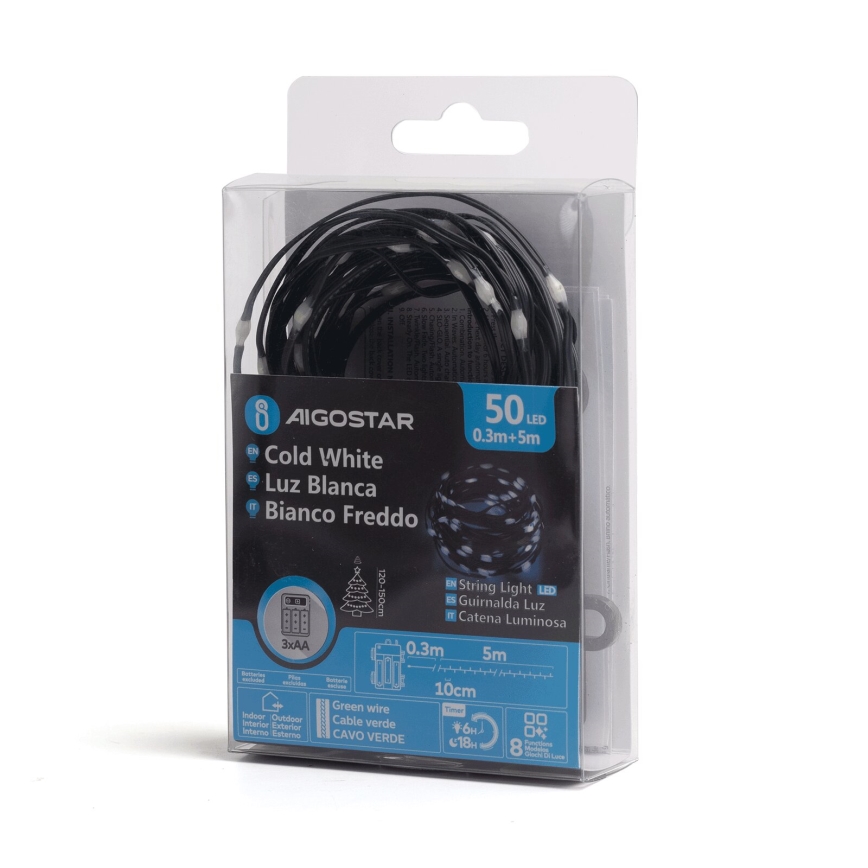 Aigostar - LED Außen-Weihnachtslichterkette 50xLED/8 Funktionen 3xAA 5,3m IP44 kaltweiß