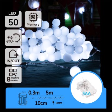 Aigostar - LED-Außen-Lichterkette 50xLED/3xAA/8 Funktionen 5,3 m IP44 kaltweiß