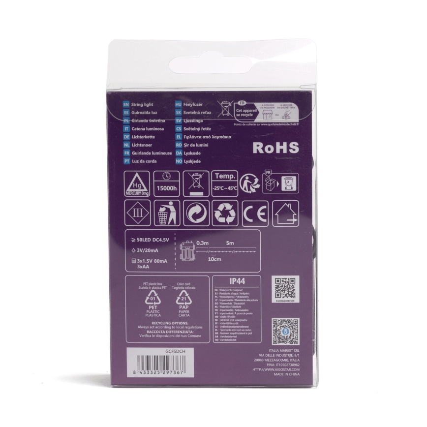Aigostar - LED-Außen-Lichterkette 50xLED/8 Funktionen 3xAA 5,3m IP44 mehrfarbig