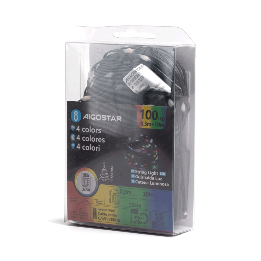 Aigostar - LED-Außen-Weihnachtslichterkette 100xLED/8 Funktionen 3xAA 10,3m IP44 mehrfarbig