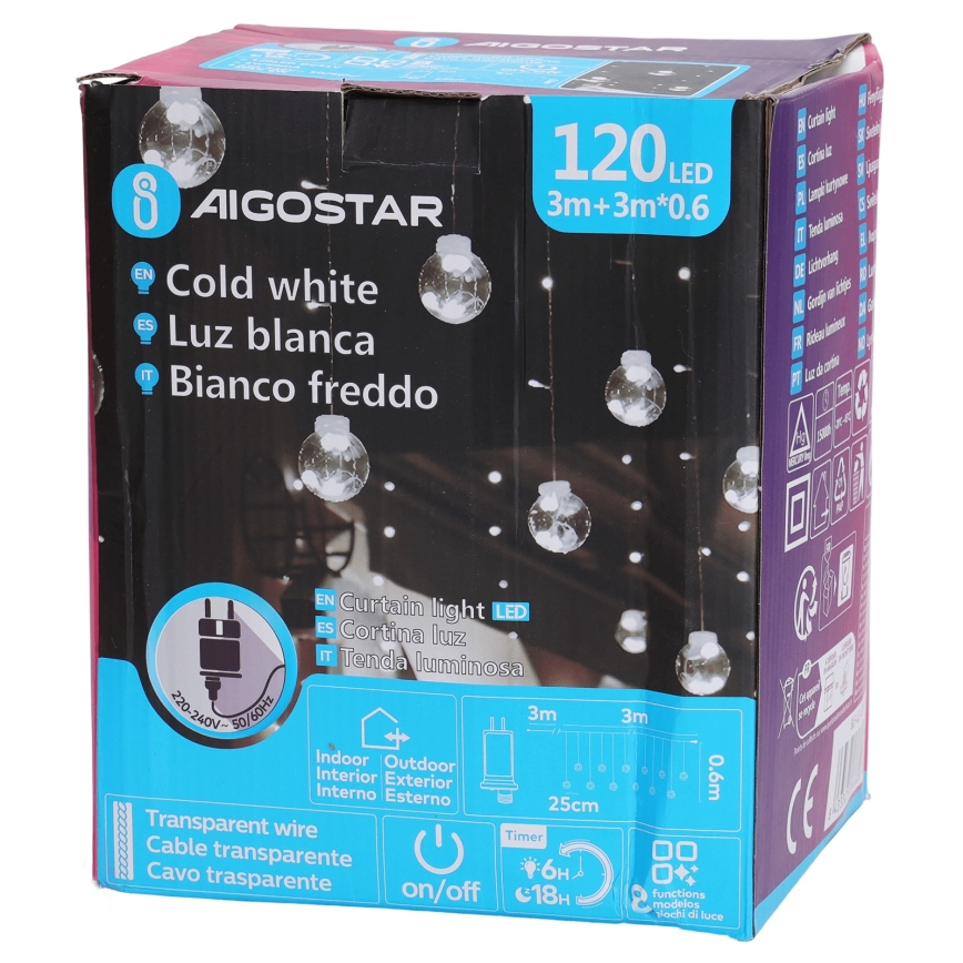 Aigostar - LED-Lichterkette für den Außenbereich 120 LEDs / 8 Funktionen 3×0,6 m IP44 kaltweiß + Fernbedienung