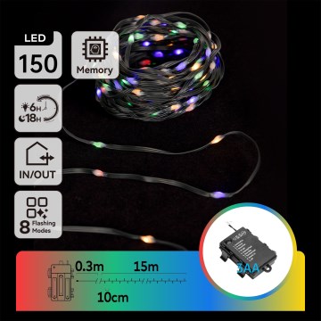 Aigostar -LED Außen-Weihnachts-Lichterkette 150xLED/8 Funktionen 3xAA 15,3m IP44 mehrfarbig