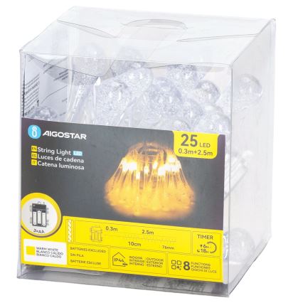 Aigostar - LED Außen-Lichterkette 25xLED/8 Funktionen 3xAA 2,5 m IP44 warmweiß Tropfen