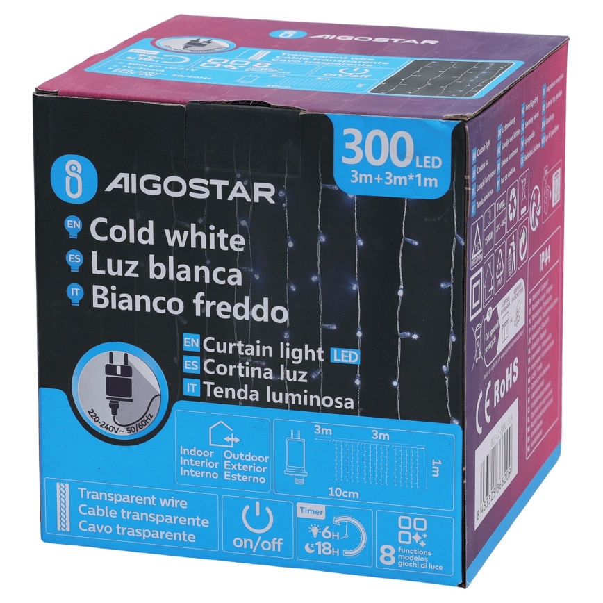 Aigostar - LED-Weihnachtslichterkette für den Außenbereich 300 LEDs / 8 Funktionen 3 x 1 m IP44 kaltweiß + Fernbedienung