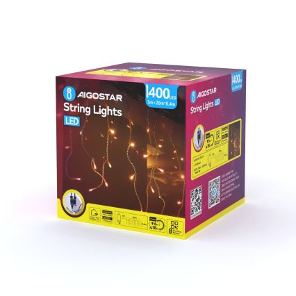 Aigostar - LED-Außen-Weihnachts-Lichterkette 400xLED/8 Funktionen 23x0,4m IP44 warmweiß