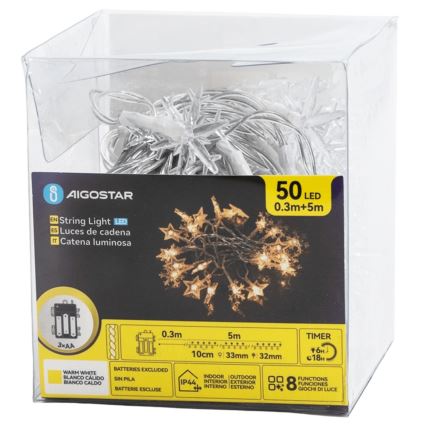 Aigostar - LED-Außen-Weihnachtslichterkette 50xLED/8 Funktionen 3xAA 5m IP44 warmweiß Sterne