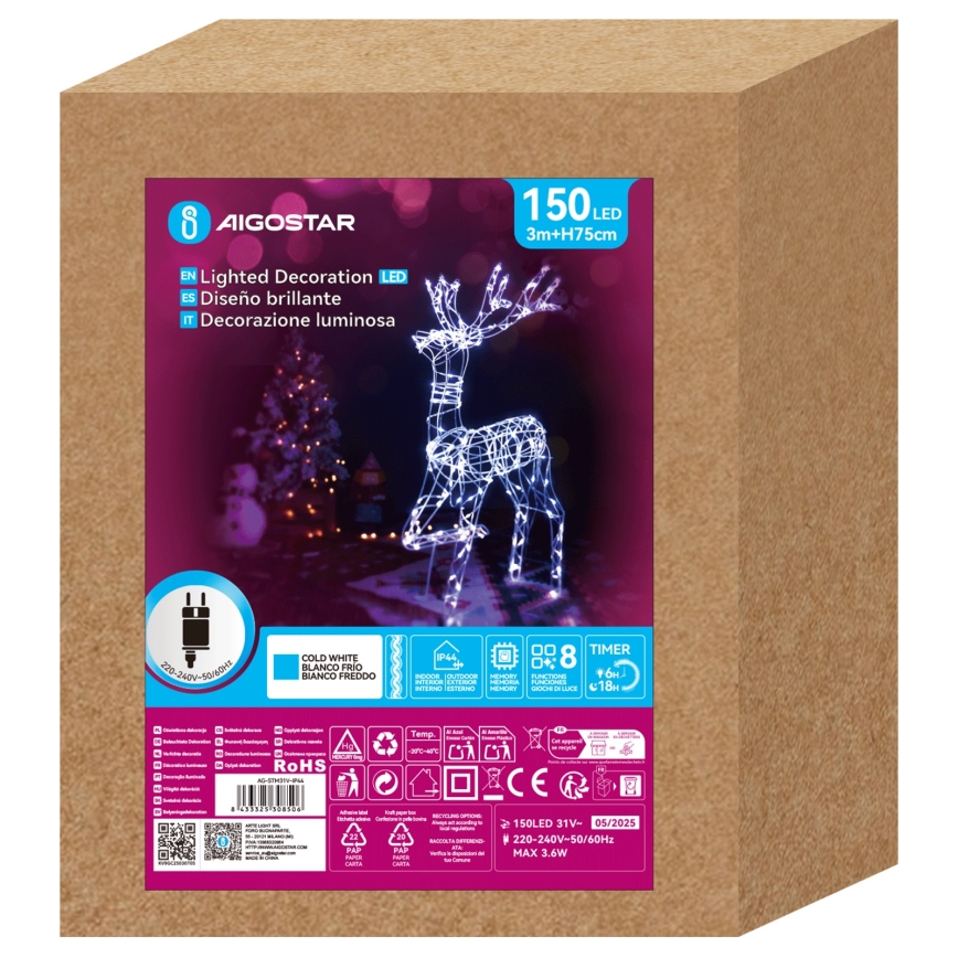 Aigostar - LED Außen-Weihnachtsdekoration LED/3,6W/31/230V 6500K 75 cm IP44 Rentier