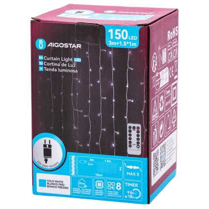 Aigostar - LED Weihnachtslichterkette für den Außenbereich 150xLED/6W/230V/8 Funktionen 1,5x1m IP44 kaltweiß + Fernbedienung