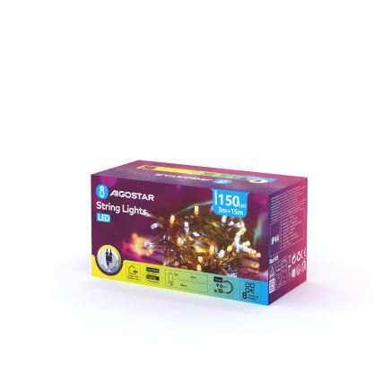 Aigostar - LED-Außen-Weihnachtslichterkette 150xLED/8 Funktionen 18m IP44 warmweiß/kaltweiß