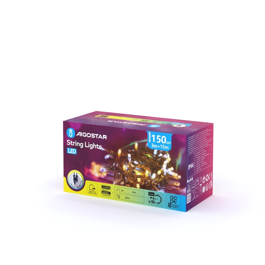 Aigostar - LED-Außen-Weihnachtslichterkette 150xLED/8 Funktionen 18m IP44 warmweiß/kaltweiß