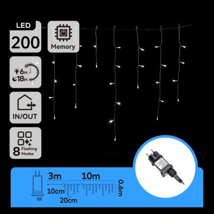 Aigostar - LED Außen-Weihnachtskette 200xLED/8 Funktionen 13x0,6m IP44 Kaltweiß