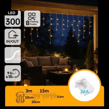 Aigostar - LED-Außen-Weihnachtskette 300xLED/8 Funktionen 3xAA 18x0,6 m IP44 warmweiß