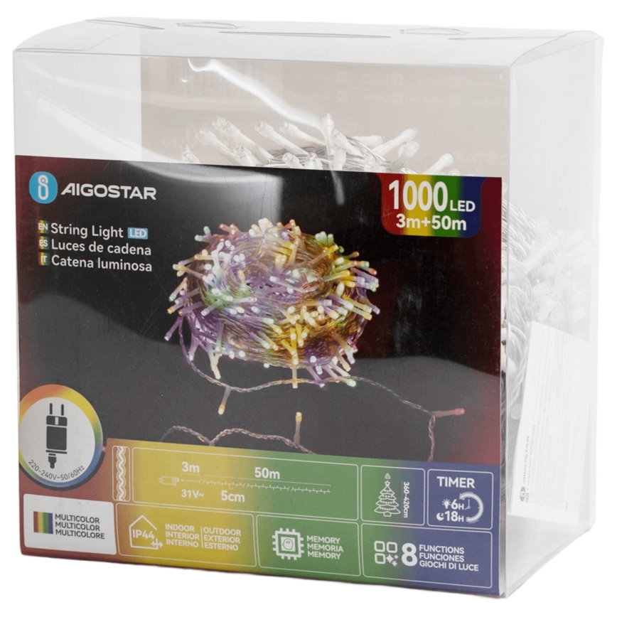 Aigostar - LED Außen-Weihnachtslichterkette 1000xLED/8 Funktionen 53 m IP44 mehrfarbig