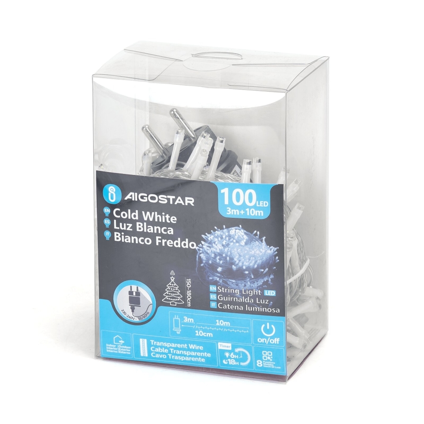 Aigostar - LED-Außen-Weihnachtslichterkette 100xLED/8 Funktionen 13m IP44 kaltweiß