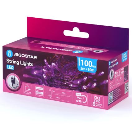 Aigostar - LED-Außen-Weihnachtslichterkette 100xLED/8 Funktionen 13m IP44 rosa