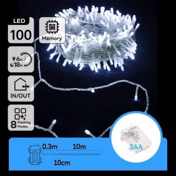 Aigostar - LED Außen-Weihnachtslichterkette 100xLED/8 Funktionen/3xAA 10,3m IP44 kaltweiß