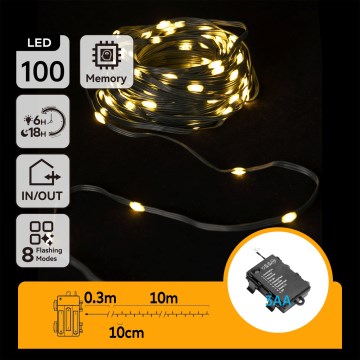 Aigostar - LED Außen-Weihnachtslichterkette 100xLED/8 Funktionen 3xAA 10,3m IP44 warmweiß