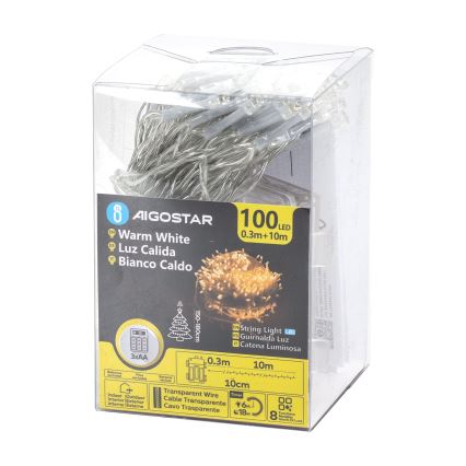Aigostar -LED Außen-Weihnachtslichterkette 100xLED/8 Funktionen 3xAA 10,3m IP44 warmweiß